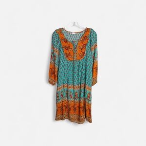 Bluetime -Bohemian Floral Print Dress - Orange and Blue -S